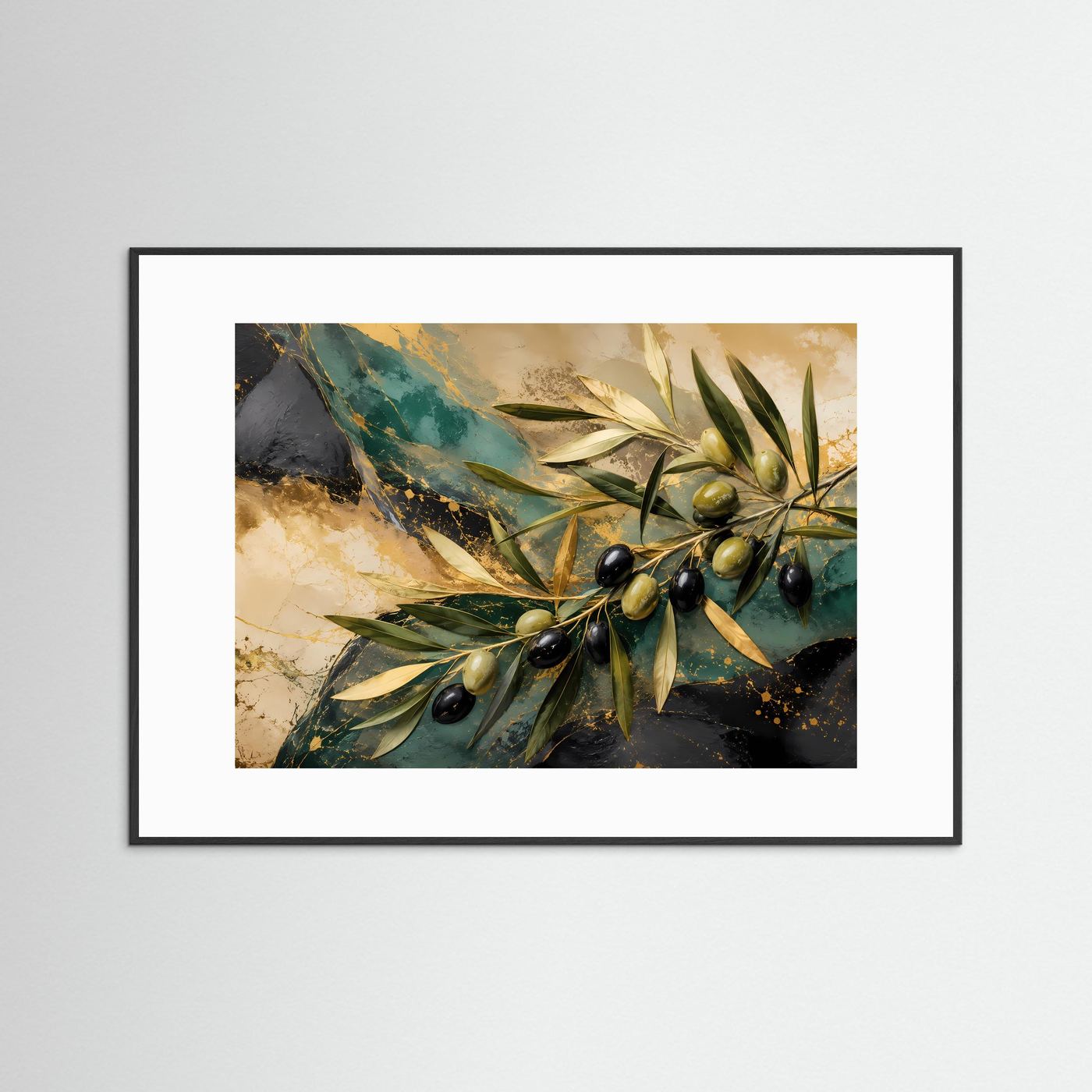 Mediteraner Frieden: Olivenzweig in Gold und Petrol | Modernes Natur-Poster Querformat