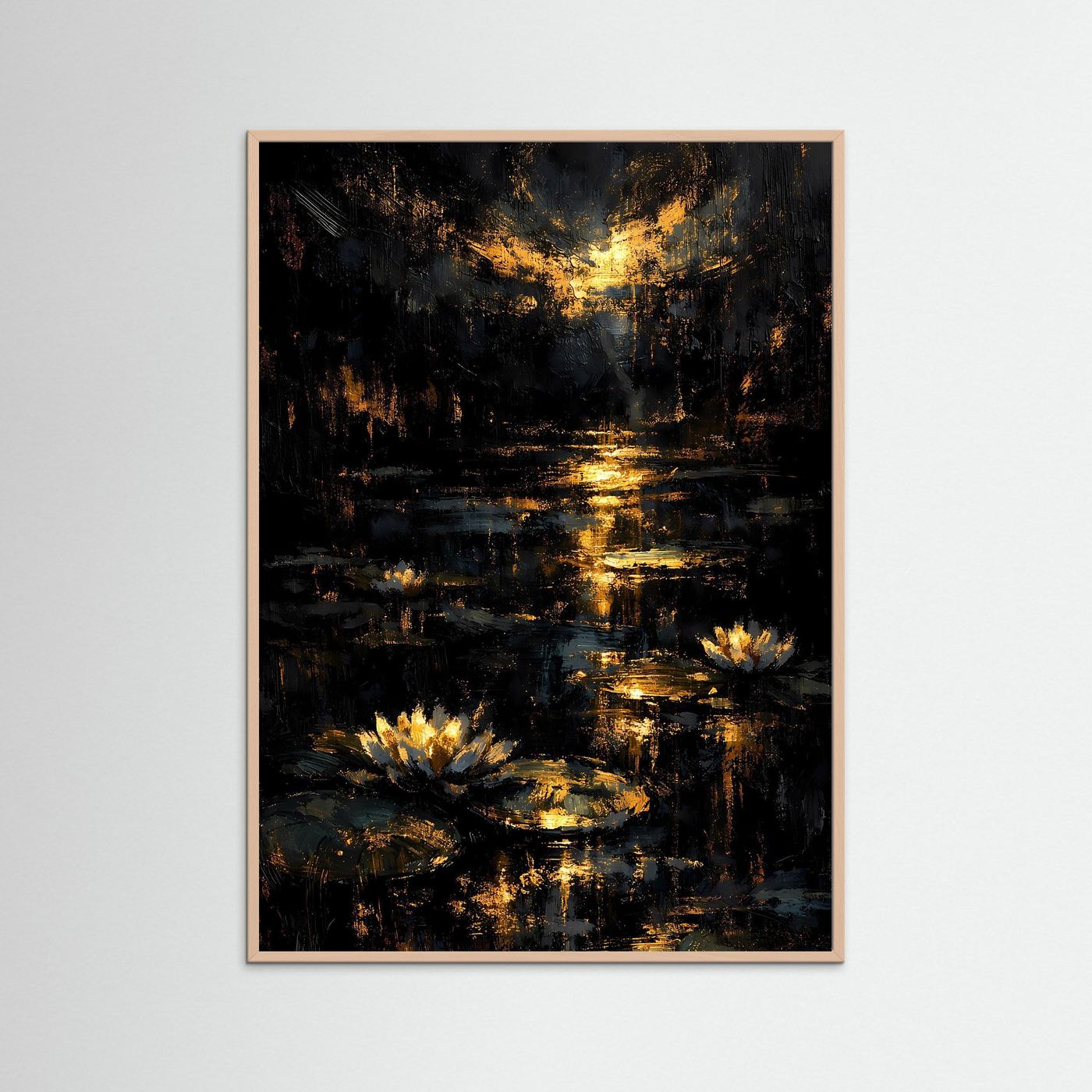 Abstraktes Seerosenteich-Poster im roséfarbenen Holzrahmen, dunkler Teich mit goldenen Reflexen