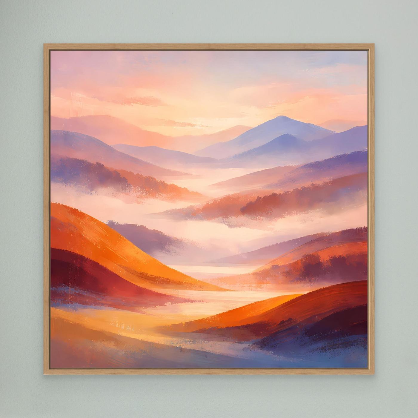 Leinwandbild mit Rahmen aus hellem Holz, abstrakte Pastell-Berglandschaft in Orange und Lila