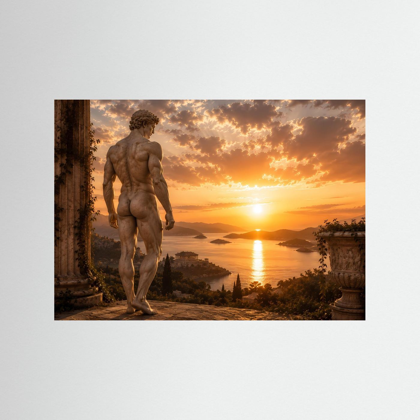Poster im Querformat mit antiker männlicher Statue aus dunklem Stein