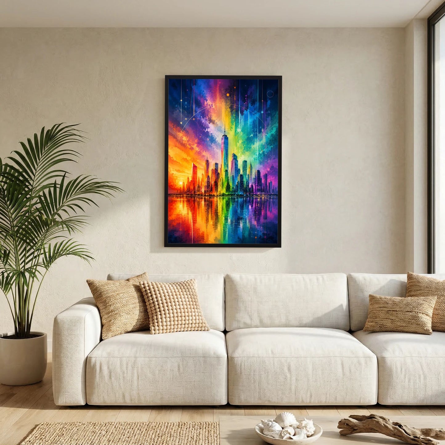 Poster mit abstrakter Regenbogen-Skyline und Reflexion im Wasser, schwarzer Rahmen