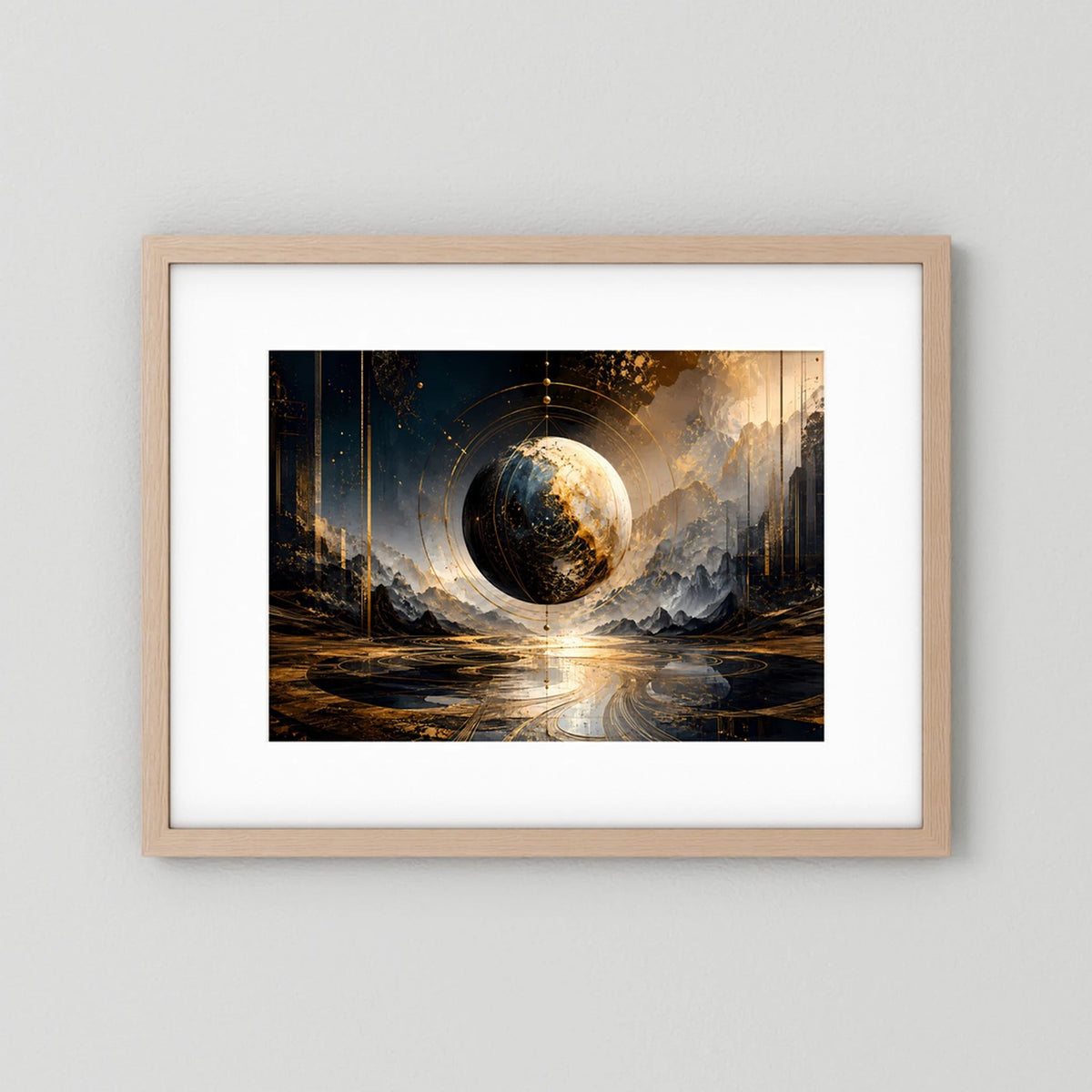 Gerahmtes Poster (helles Eichenholz): abstrakte Weltkugel mit goldener Leuchte und Skyline