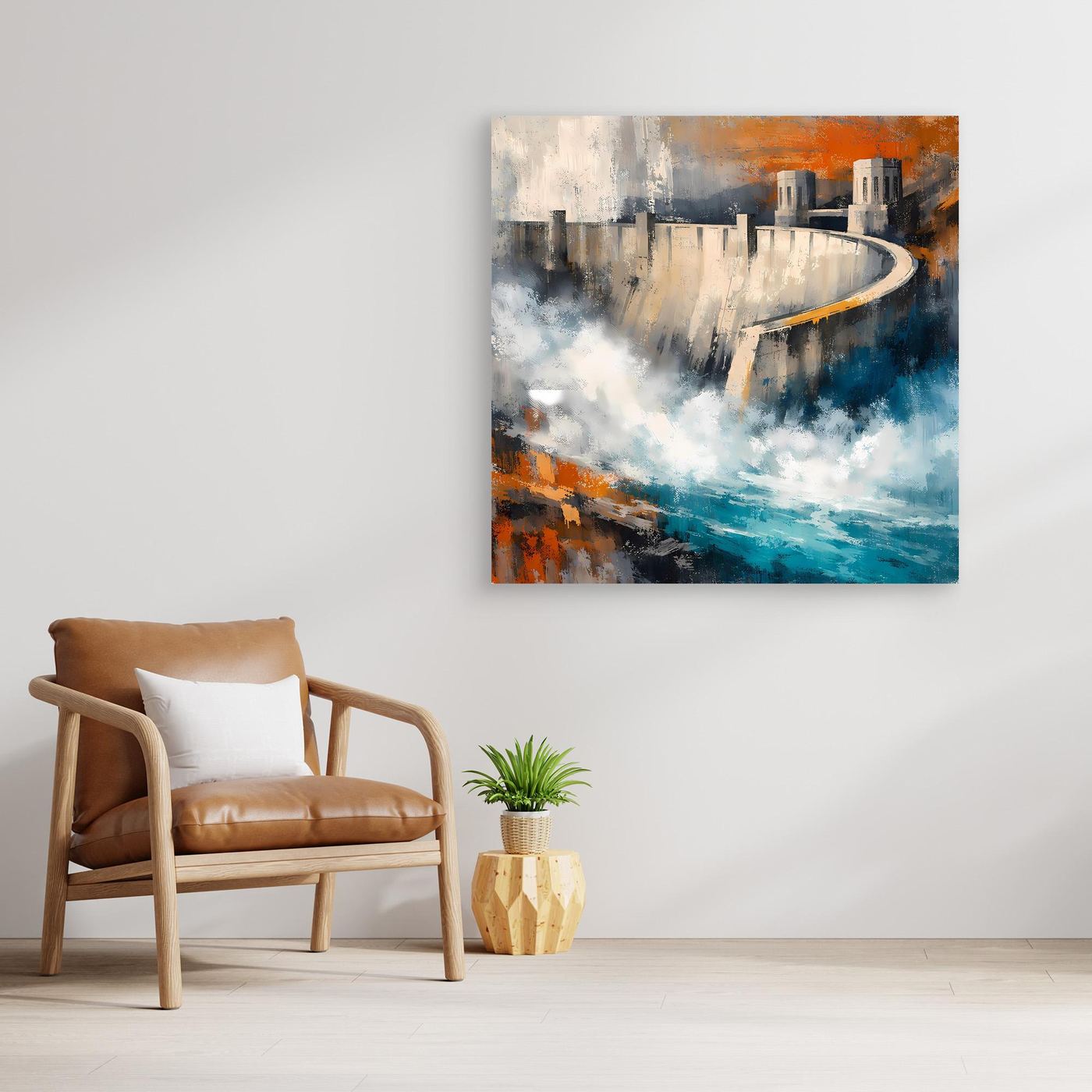 Abstraktes Leinwand-Wandbild mit Talsperre, blau-graue Wasseroptik, orangefarbene Details, ohne Rahmen