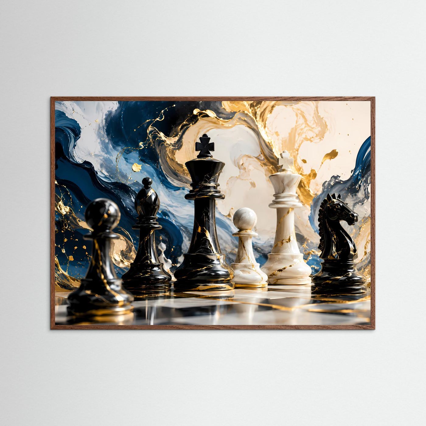 Elegantes Schachspiel in Blau, Weiß & Gold | Strategie & Abstrakte Kunst Wandbild