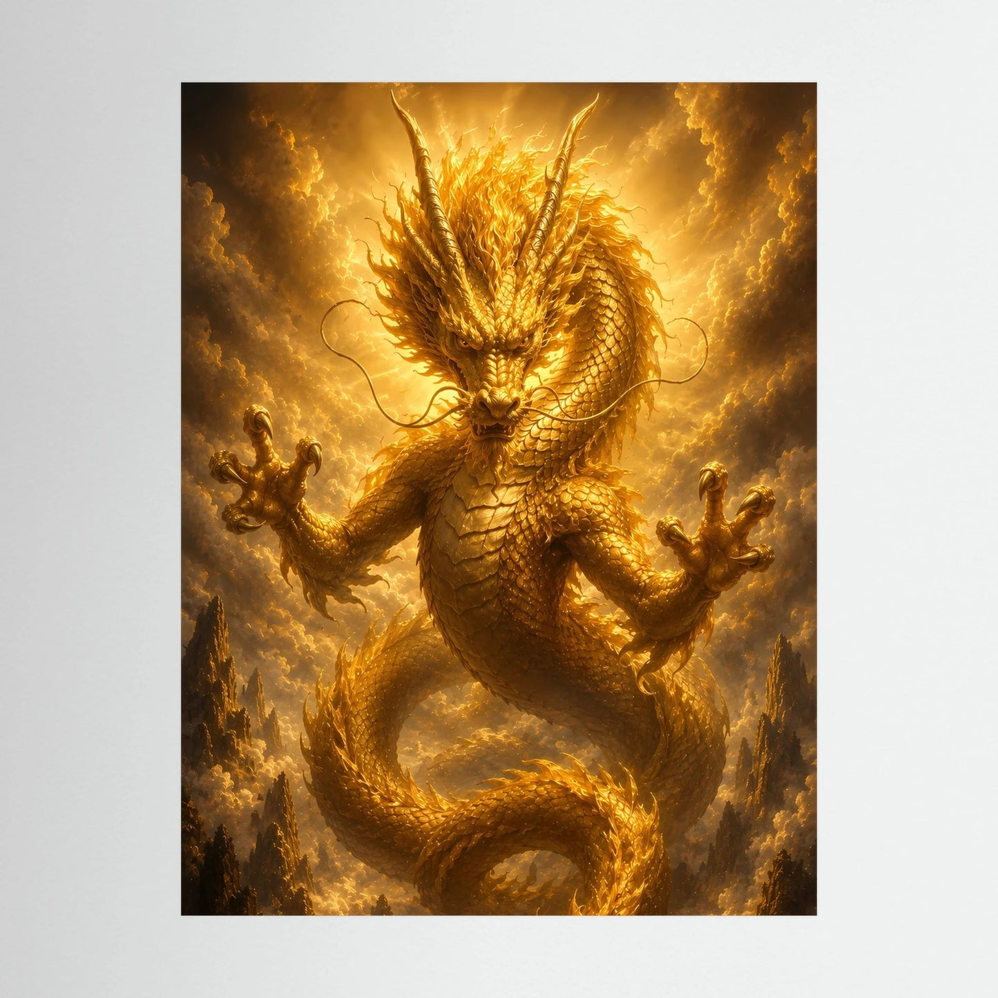 Nahaufnahme: quadratisches Poster mit goldenem Drachen und dramatischem Hintergrund im Rahmen