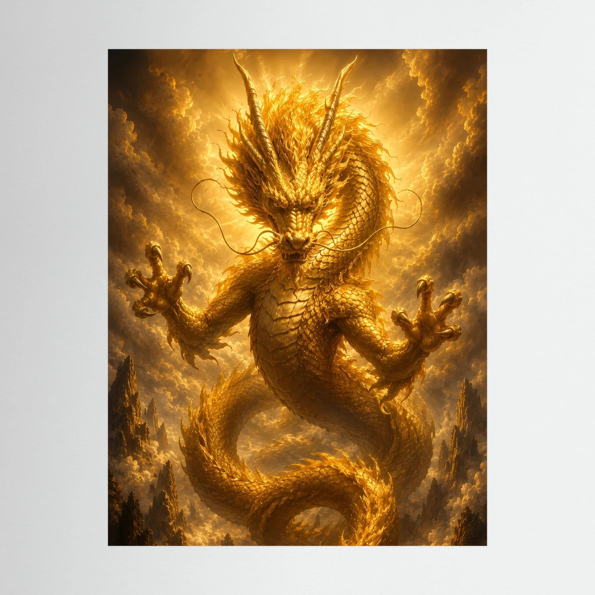 Nahaufnahme: quadratisches Poster mit goldenem Drachen und dramatischem Hintergrund im Rahmen