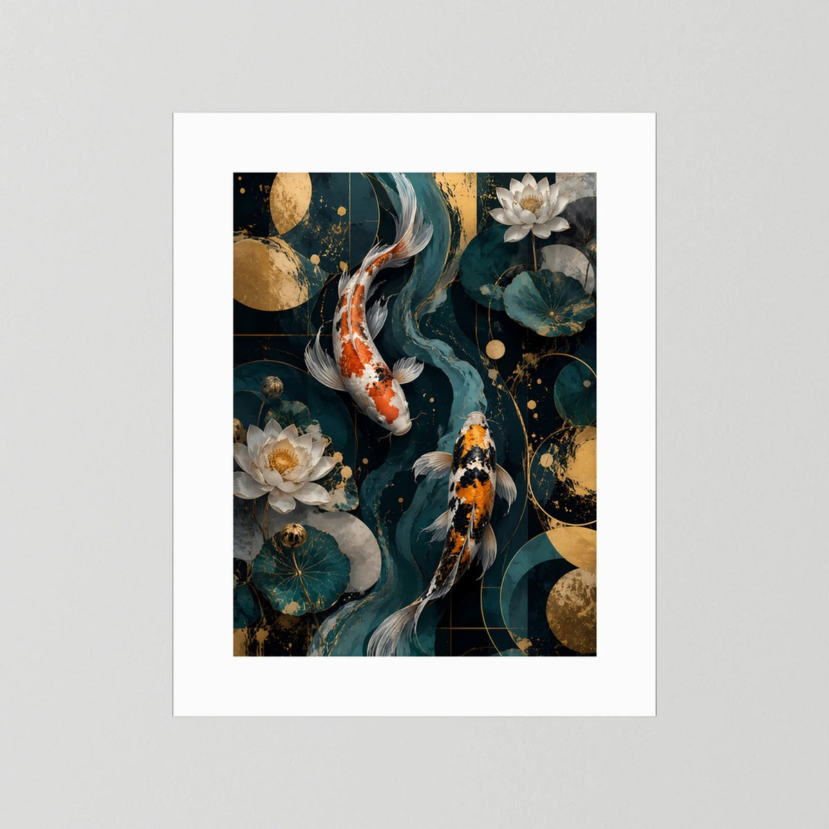 Hochformat-Poster mit weißem Rand: Koi-Fische, Lotusblüten und Kreis-Ornamenten