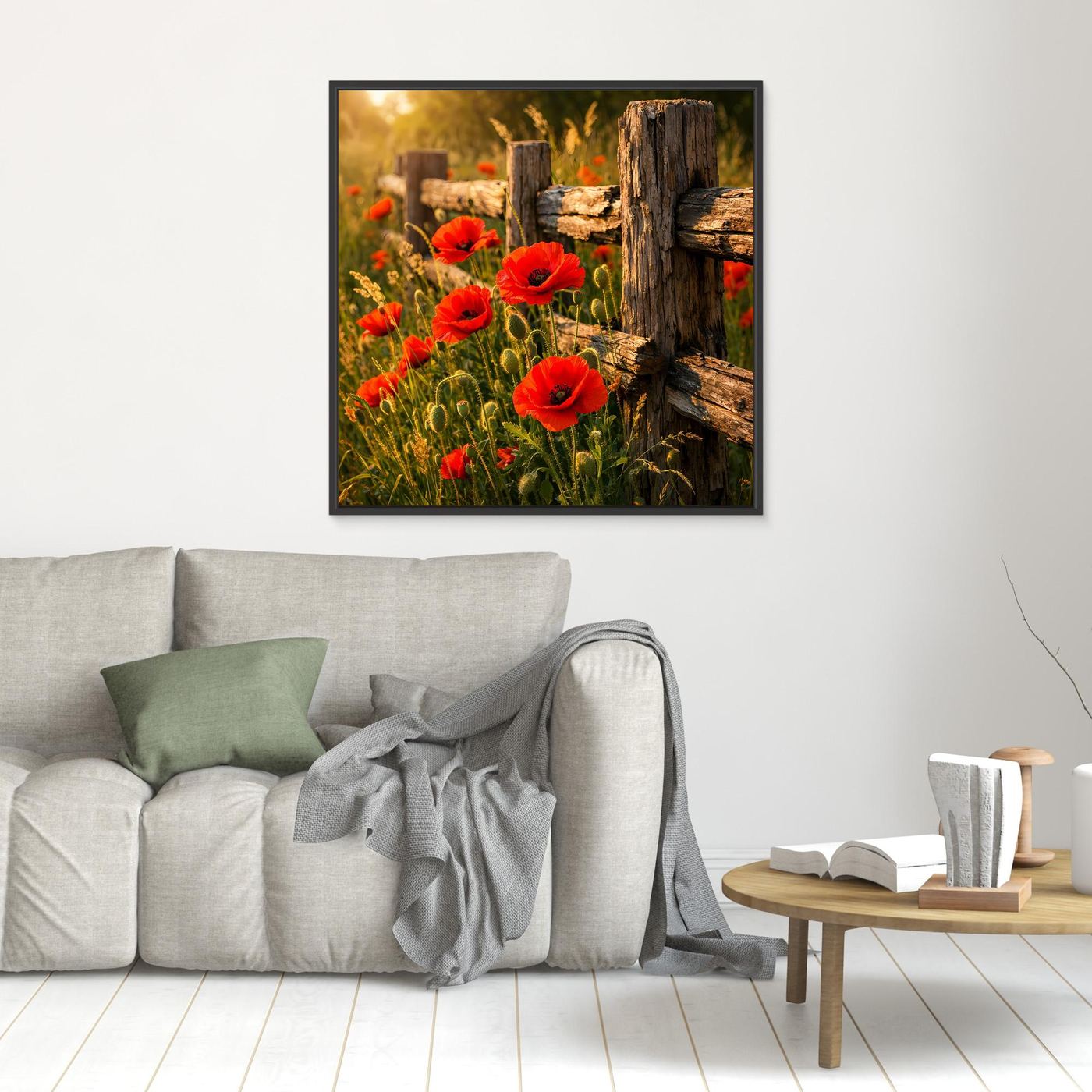 Gerahmtes Leinwandbild mit roten Mohnblumen am Holz-Zaun, schwarzer Rahmen