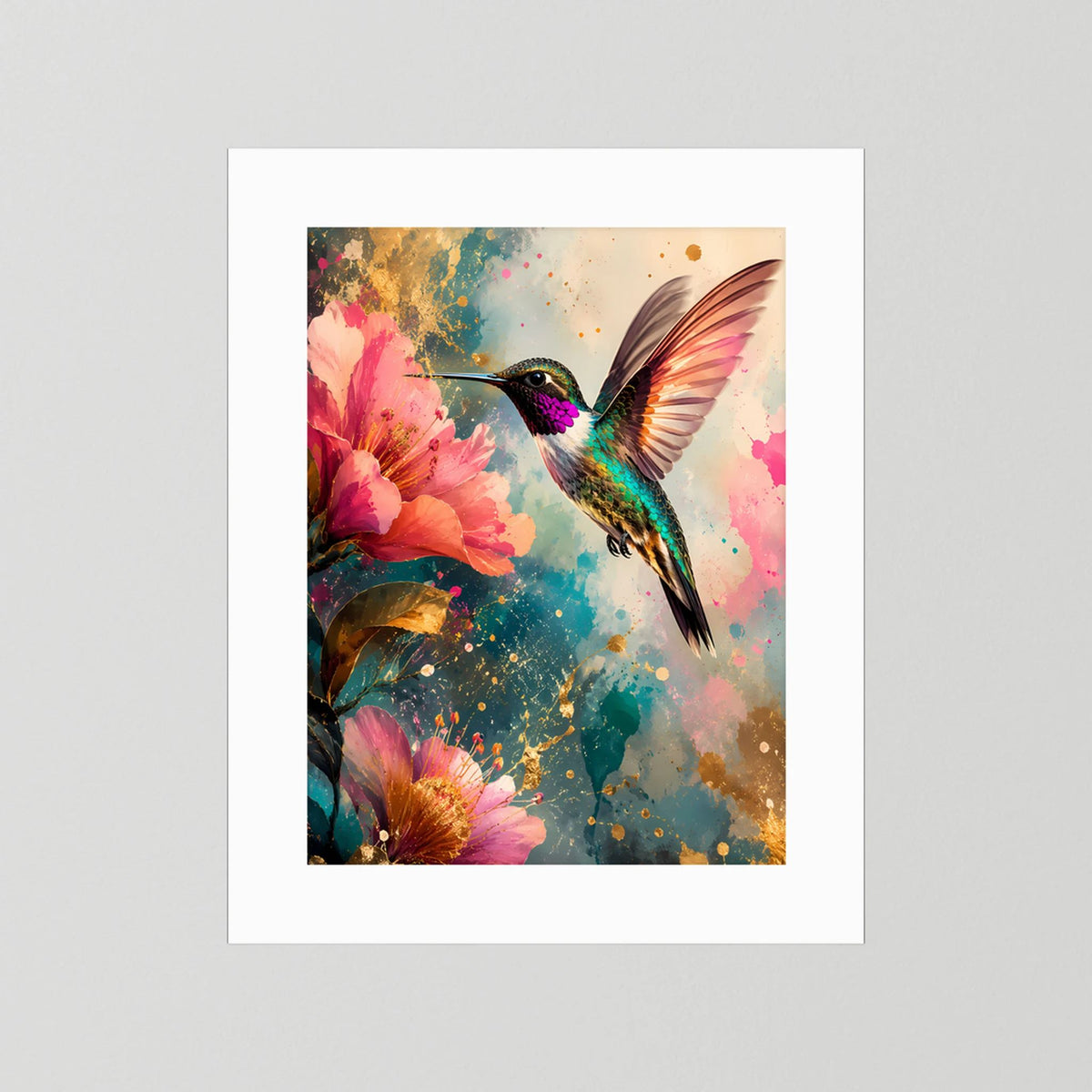 Kunstdruck mit weißem Rand: Kolibri zwischen rosa Blüten, Goldsprenkel und Farbspritzer
