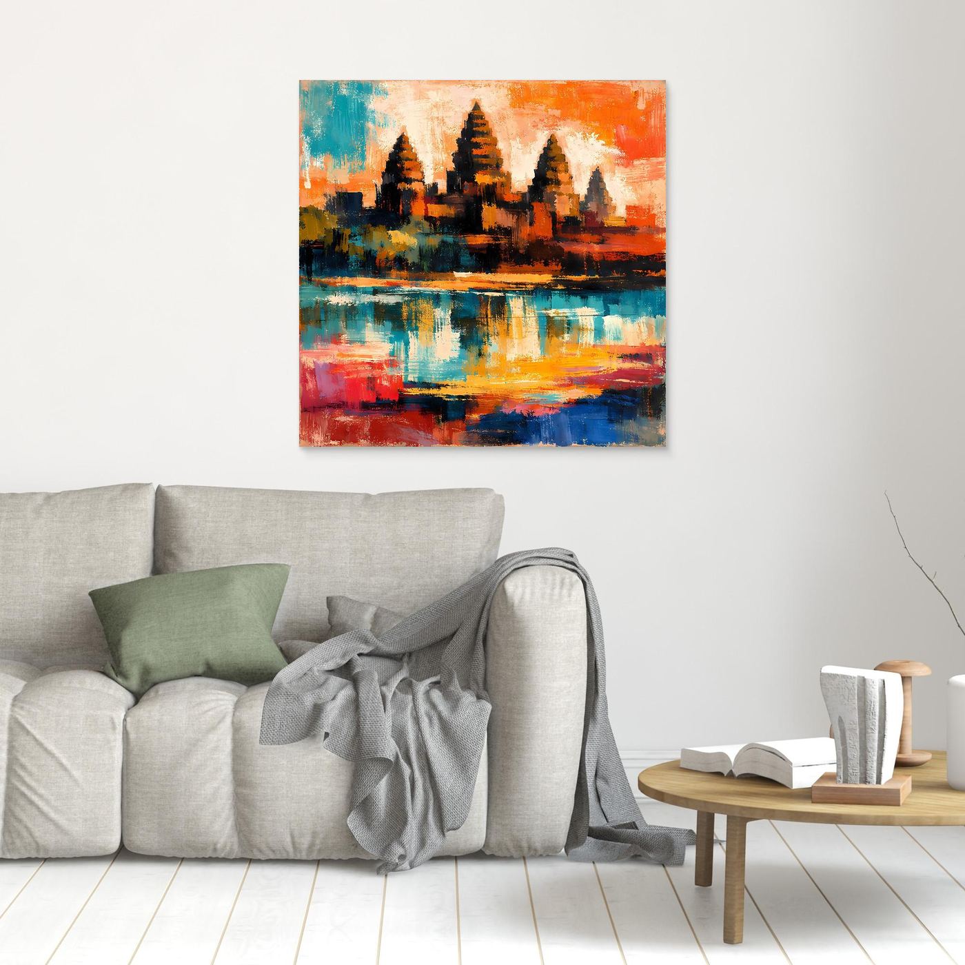 Kleines Leinwand-Wandbild mit abstrakter Maya-Pyramide und farbiger Wasserfläche, ohne Rahmen.