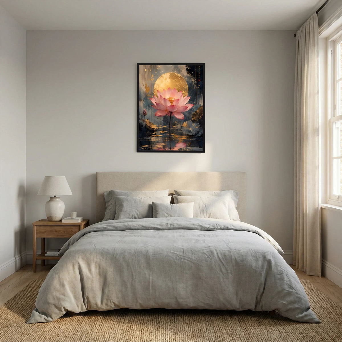 Gerahmtes Hochformat-Poster mit pinker Lotusblüte, goldener Sphäre und dunkler Wasserfläche