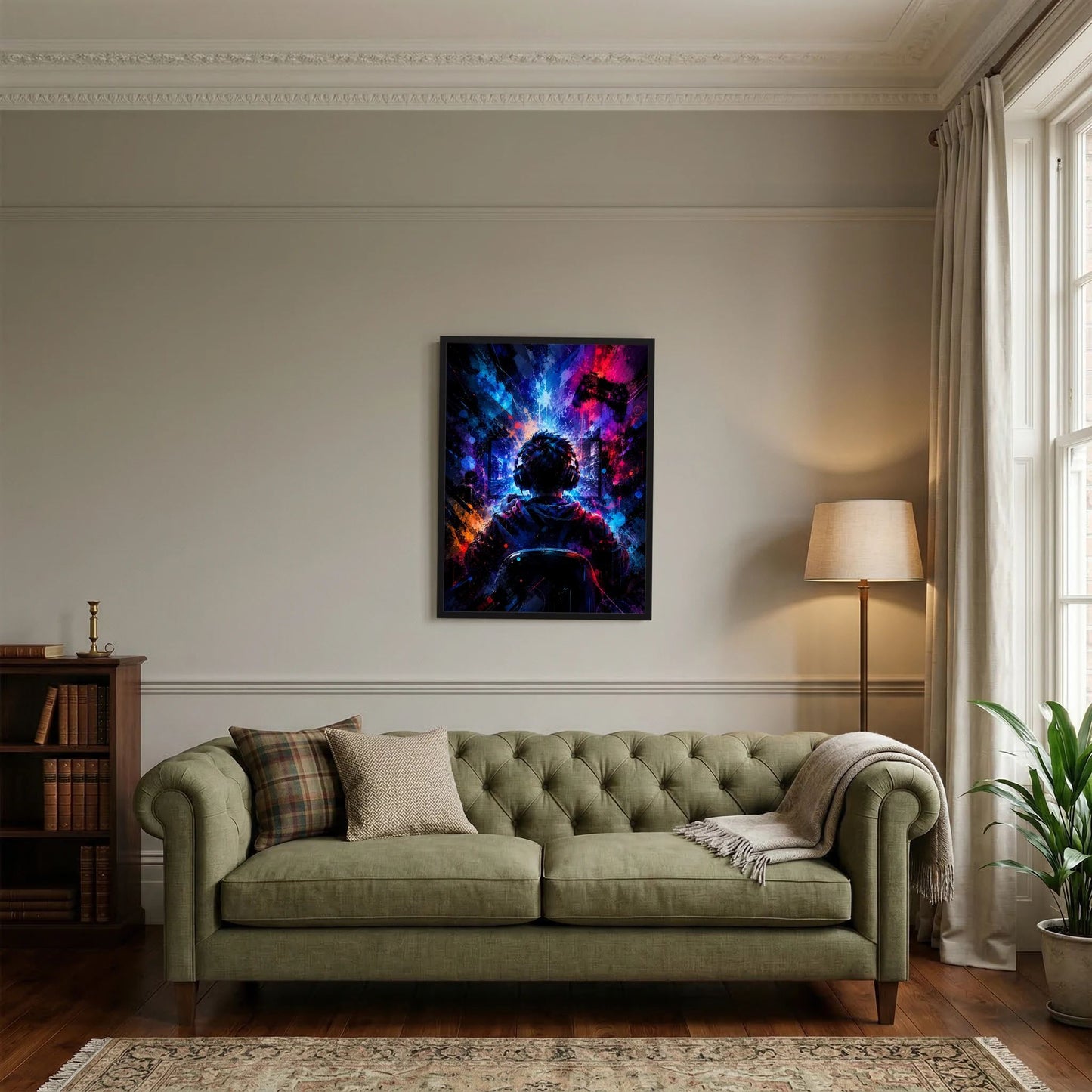 Neon-Gamer-Poster im Hochformat an der Wand: Headset-Silhouette im Farbspektrum
