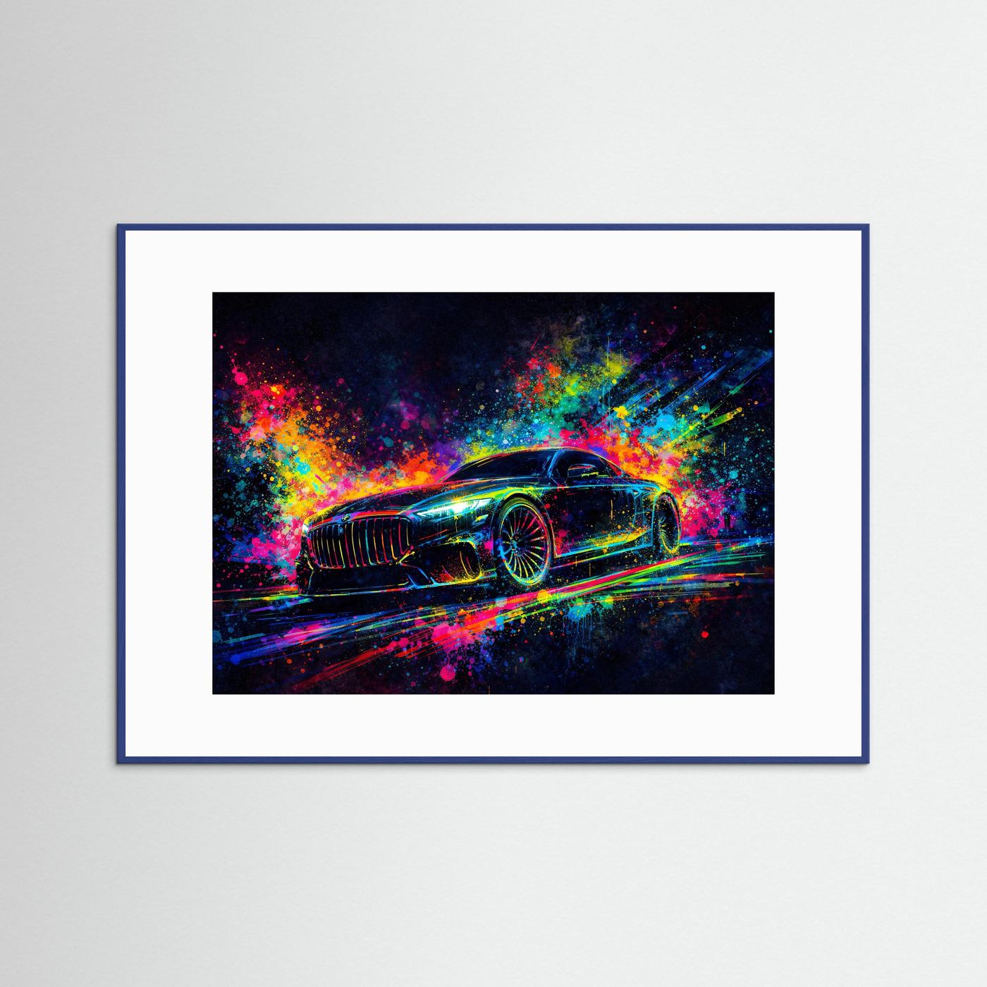 Neon-Artprint: abstraktes Sportwagen-Gemälde im blauen Rahmen, Querformat