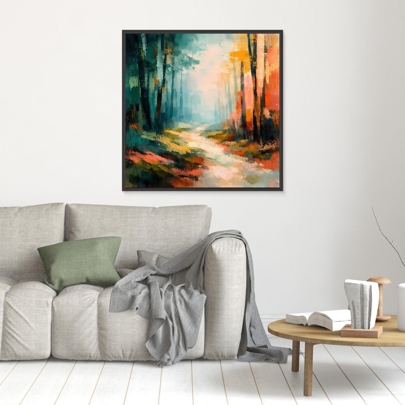 Leinwand-Wandbild mit abstraktem Waldweg in Blau, Grün und Orange, im schwarzen Rahmen