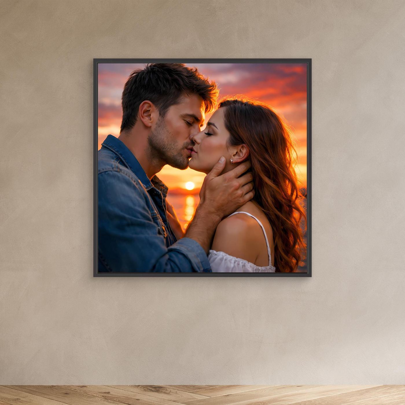 Leinwand Romantischer Kuss im Abendrot | Sinnliches Paar Wandbild