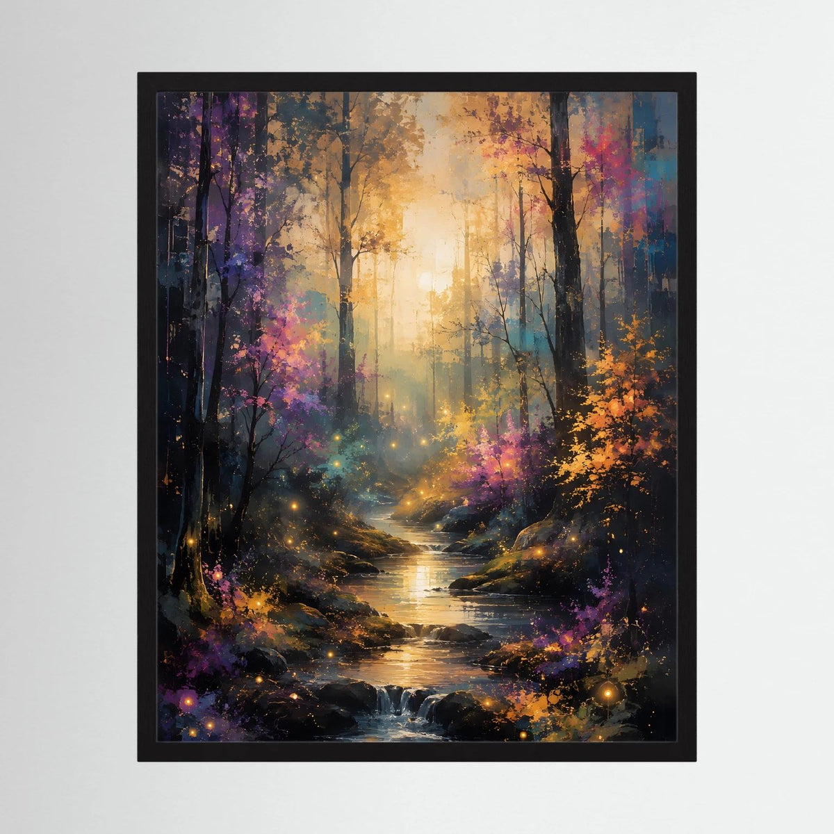 Gerahmtes Wandposter mit mystischem Wald und leuchtendem Bach im Farbnebel