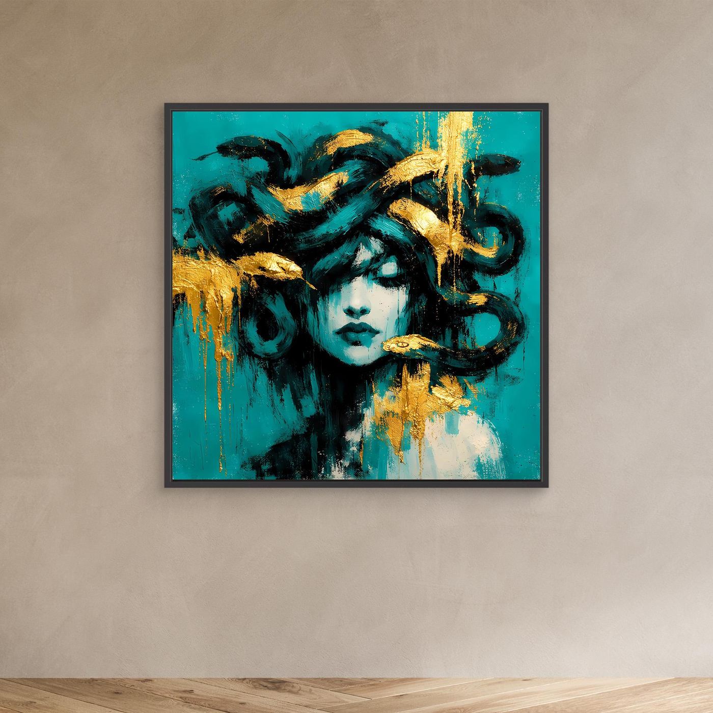 Leinwand Mythische Medusa in Türkis und Gold | Abstraktes Gorgonen Wandbild