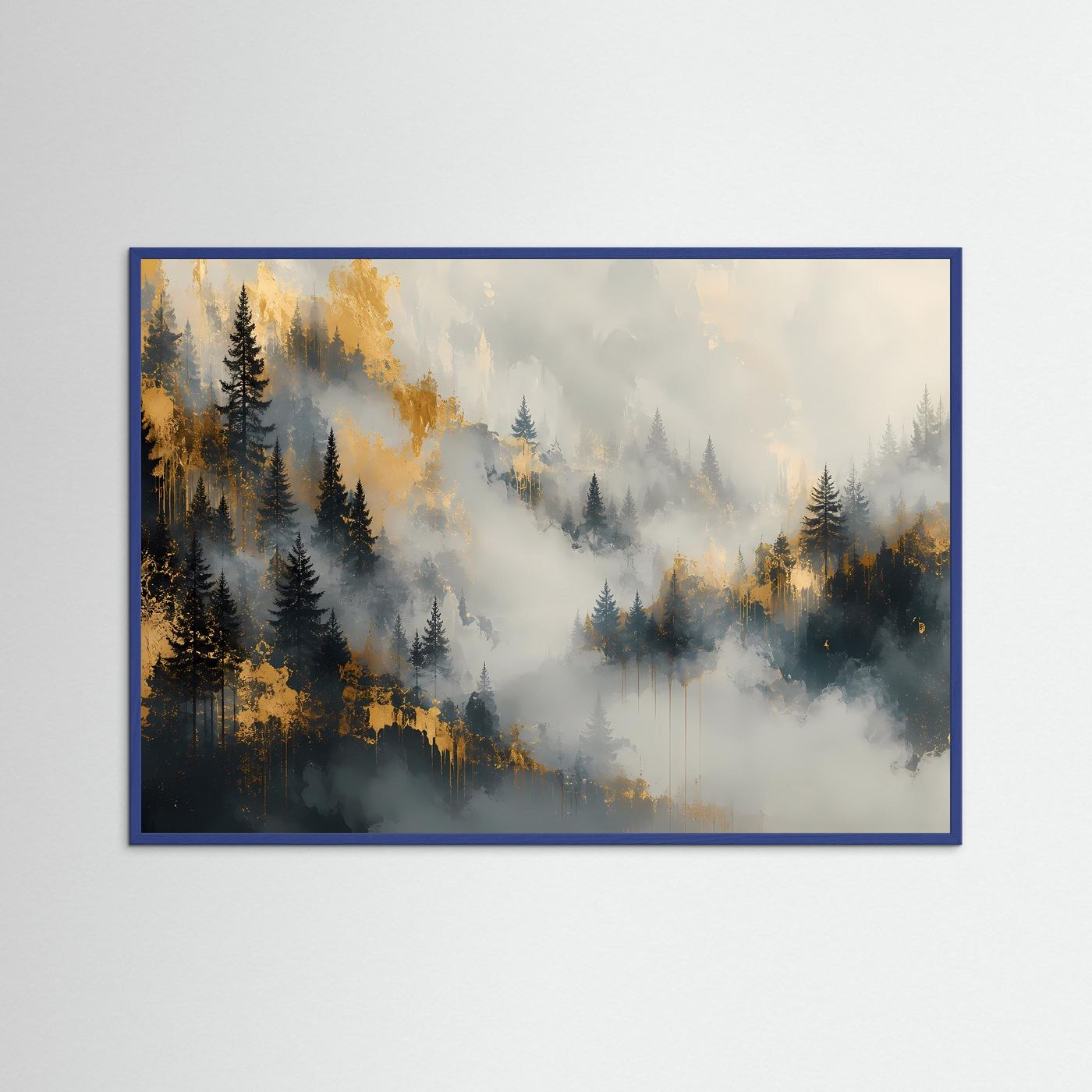 Nebelwald Poster | Mystischer Wald mit Gold | Abstrakte Landschaft Wandkunst | Elegantes Modernes Natur Wandbild