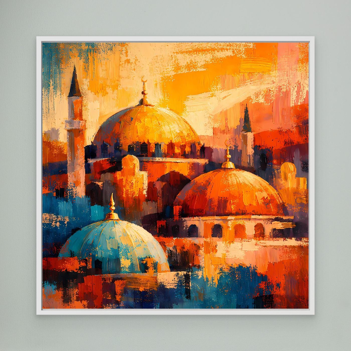 Leinwandbild mit orientalischer Moschee, vier Kuppeln in Orange und Türkis, weißer Rahmen