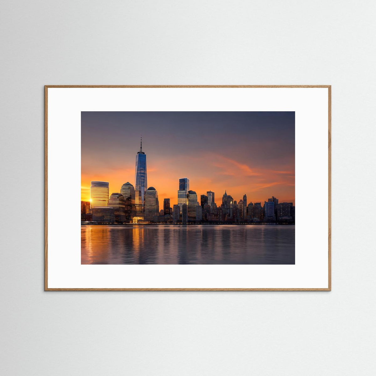 Poster Skyline von Manhattan bei Sonnenuntergang mit Wasser, naturfarbener Holzrahmen