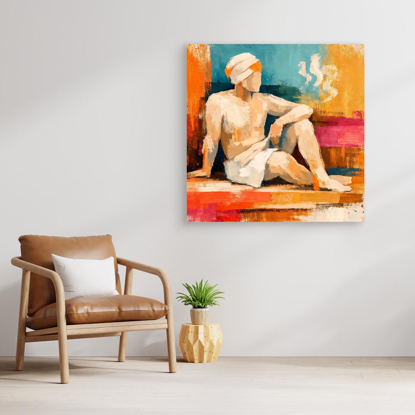 Abstract canvas wall art with seated figure in orange, teal, and pink abstract painting