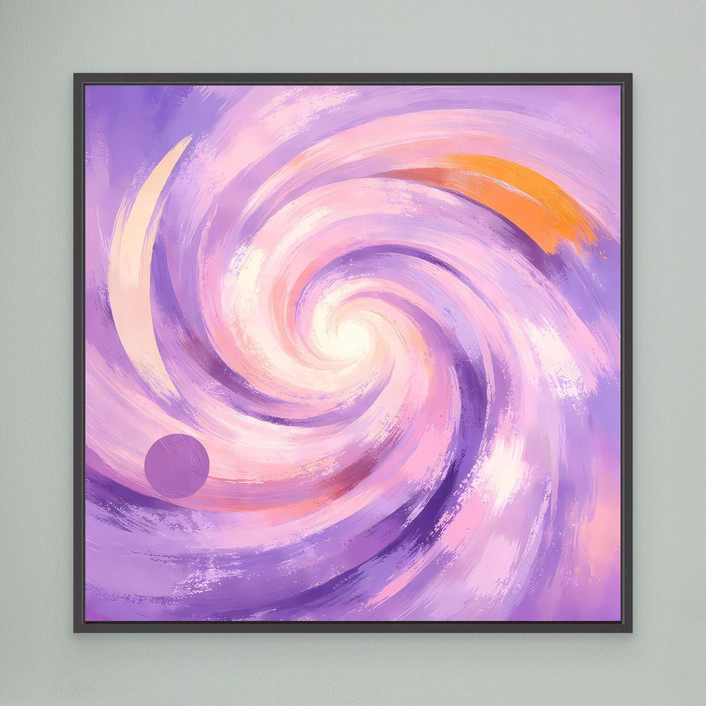 Leinwandbild mit abstraktem Pastell-Wirbel in Flieder und Rosa, schwarzer Rahmen