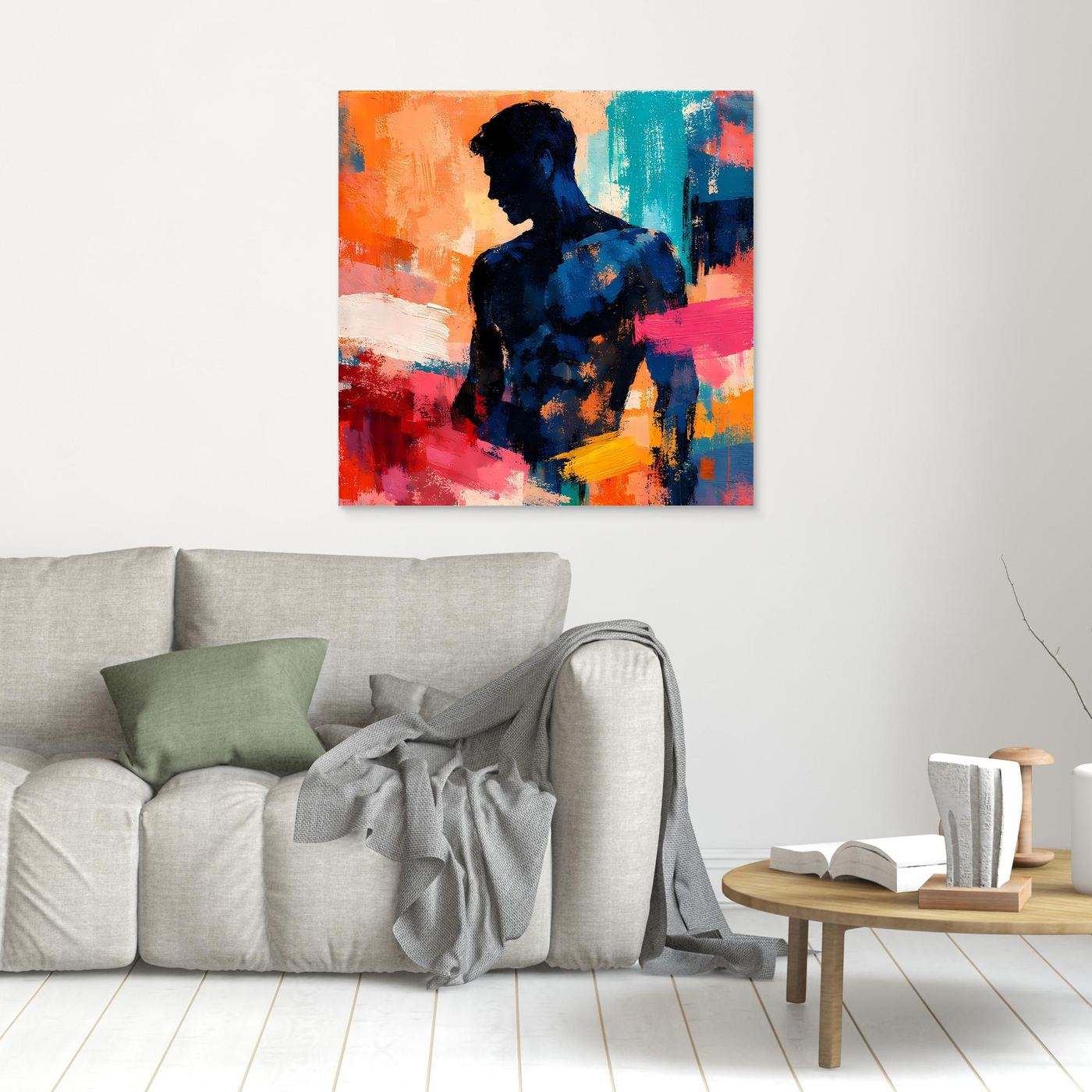 Abstraktes Wandbild mit Männer-Silhouette in Blau, orange-, türkis- und pinkfarbene Farbfelder