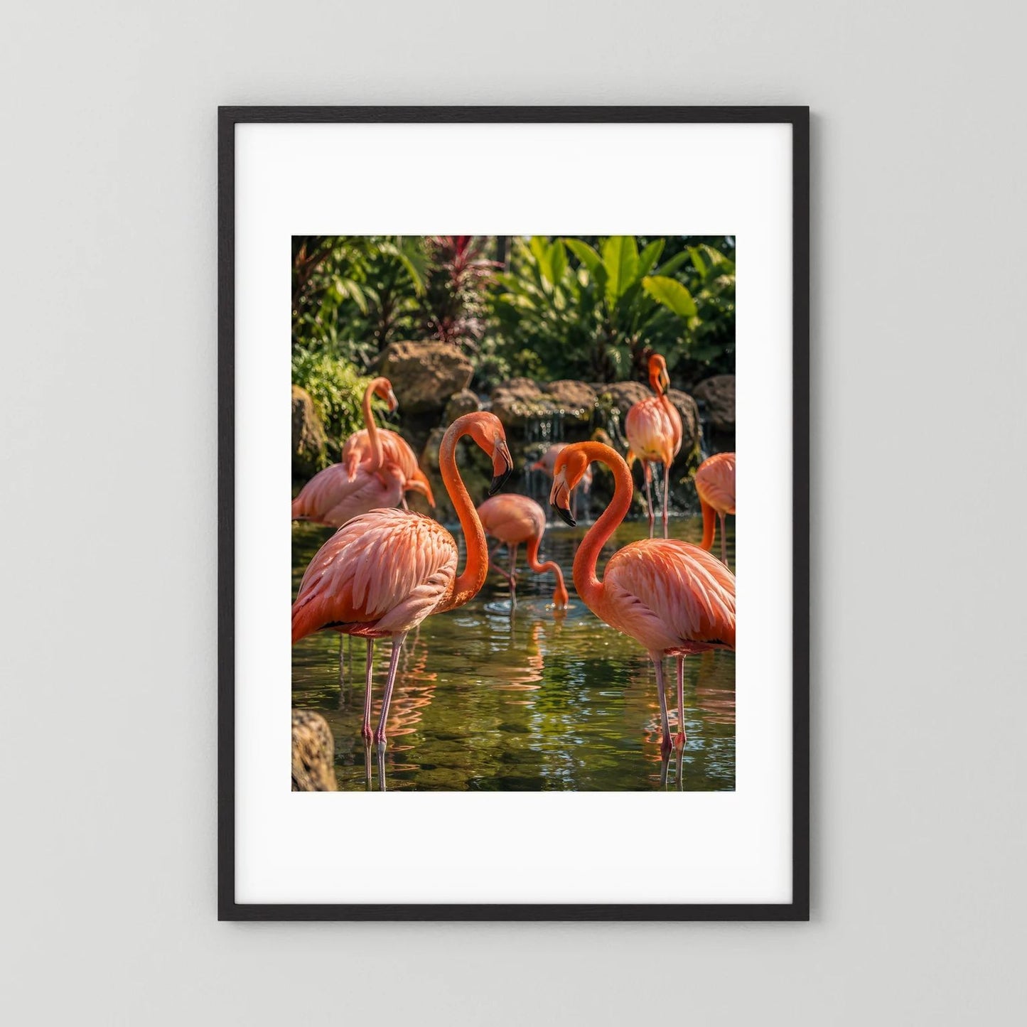 Poster mit rosa Flamingos am Wasser, schwarz eingefasst