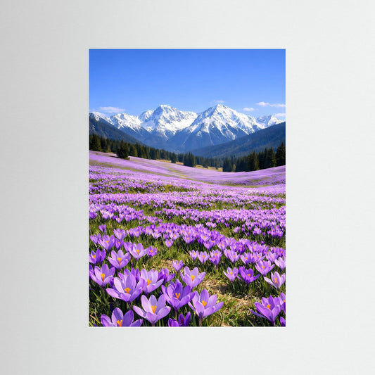 Krokus-Landschaftsposter im Hochformat, lila Blumen vor schneebedeckten Bergen