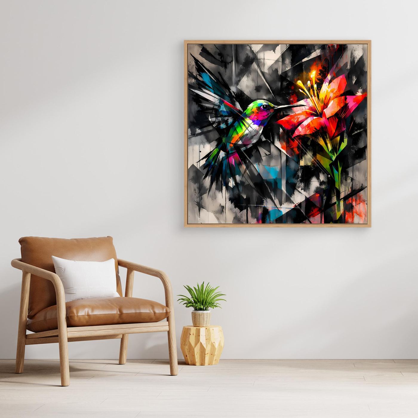 Leinwandbild Farbintensiver Kolibri | Abstraktes Geometrisches Wandbild auf Keilrahmen