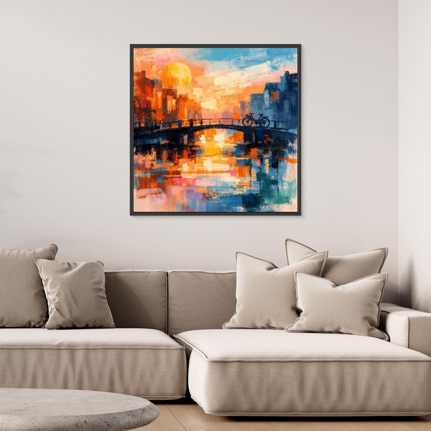 Leinwand Abstraktes Amsterdam Gemälde | Modernes Romantisches Grachten Wandbild mit Fahrrad