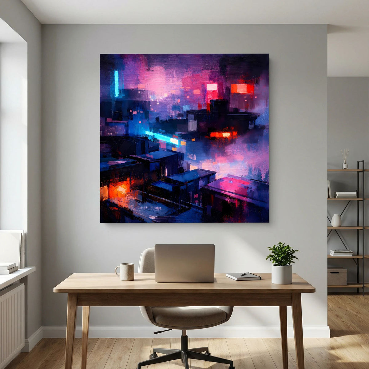 Wandbild auf Leinwand mit abstrakter Neon-Stadt bei Nacht, dunkler Rahmen und leuchtende Lichter