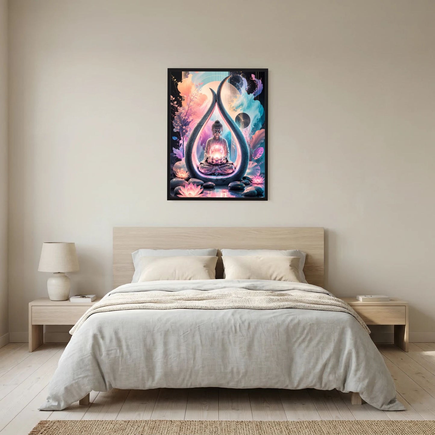 Hochformat-Poster mit Buddha in Tropfenform zwischen Lotusblüten, mehrfarbig, schwarzer Rahmen