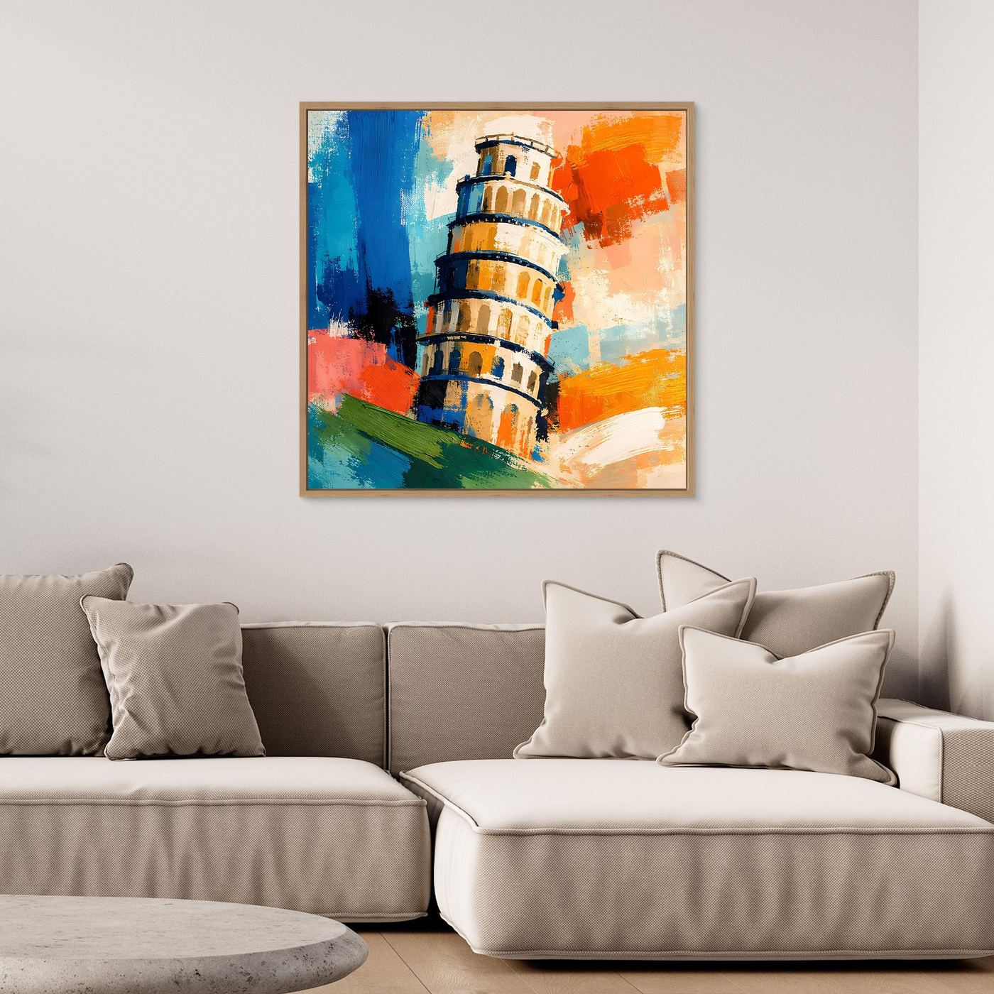 Abstract lighthouse canvas wall art in blue, orange and green, in black frame