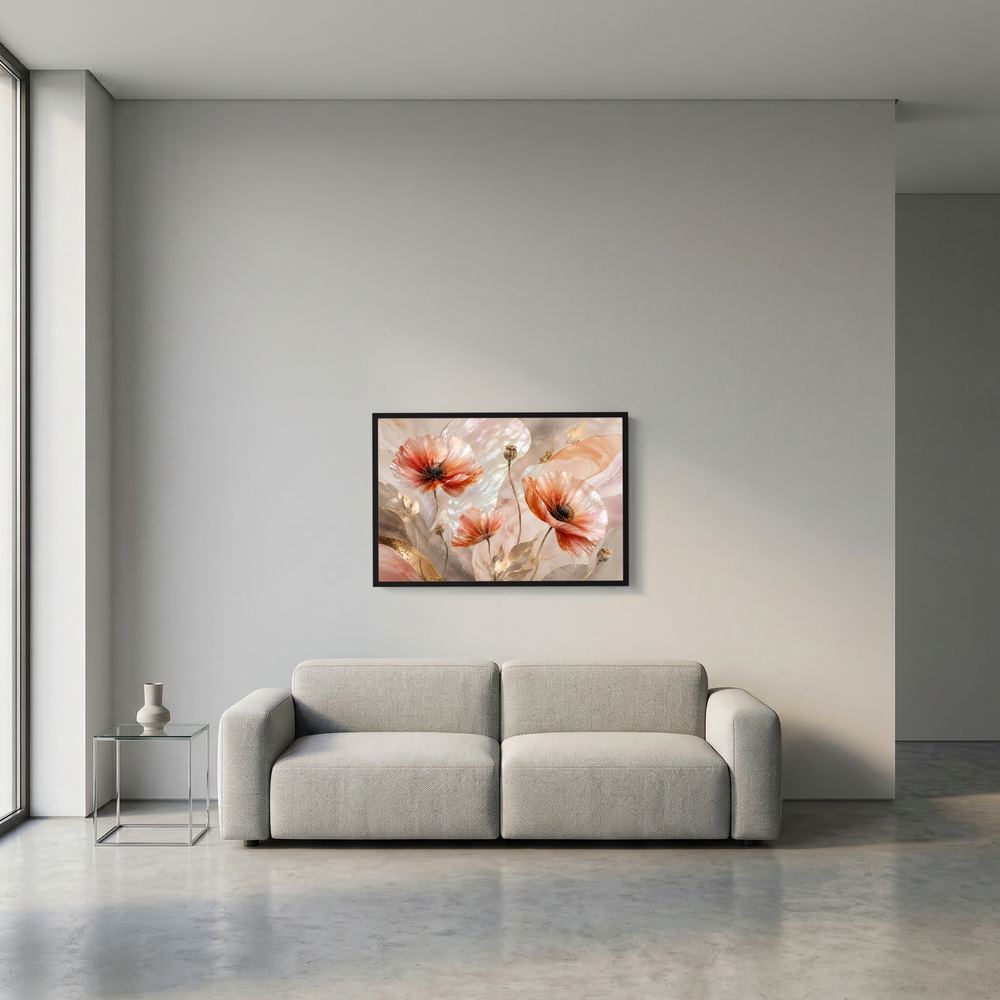 Wandbild im Querformat: gerahmtes Poster mit Mohnblumen in Pastell, roségold und perlmutt