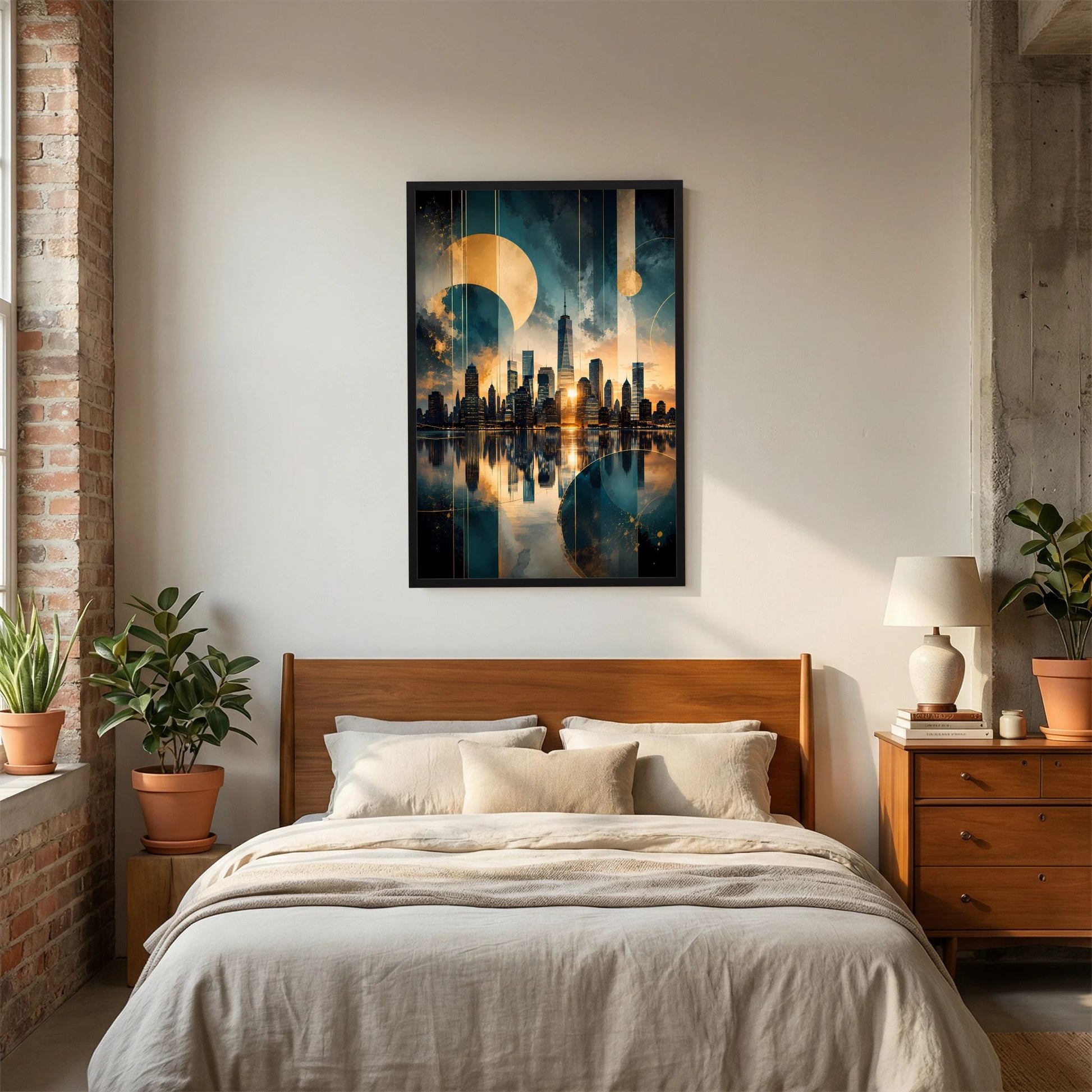 Poster im Hochformat mit abstrakter Skyline in Gold und Petrol, schwarzer Rahmen