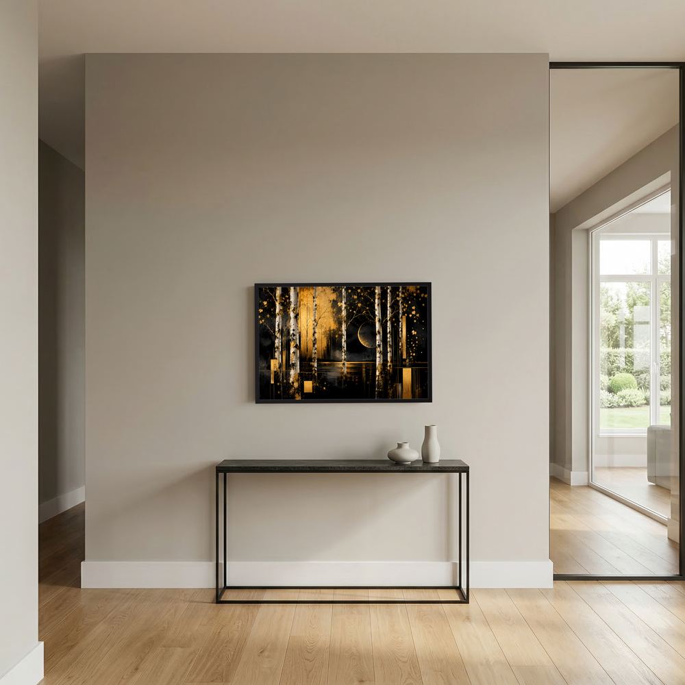Gerahmtes Querformat-Poster mit abstrakter Waldszene in Schwarz und Gold, Mondsichel