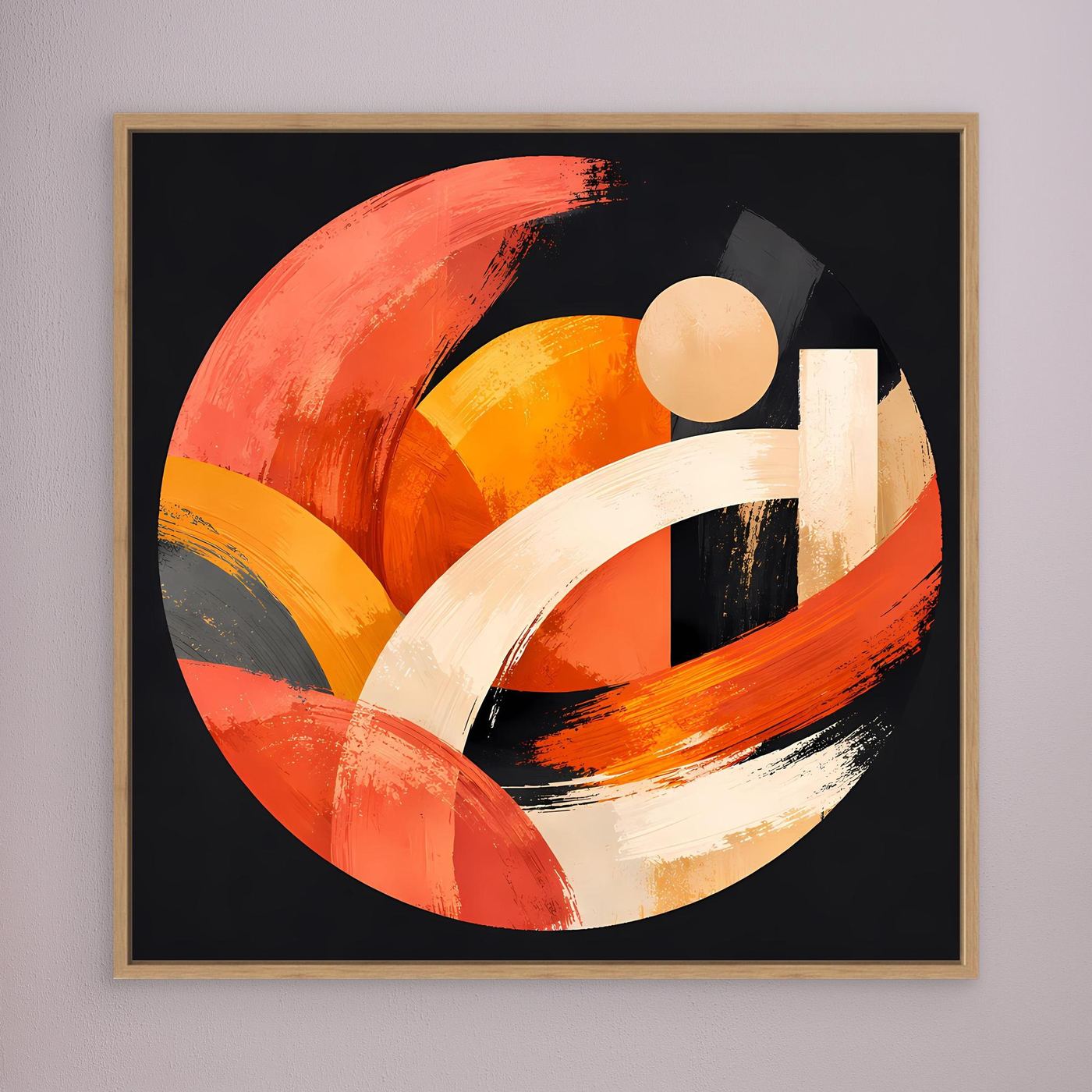 Gerahmtes Leinwandbild mit abstraktem geometrischem Kreis in Orange und Beige, goldbrauner Rahmen