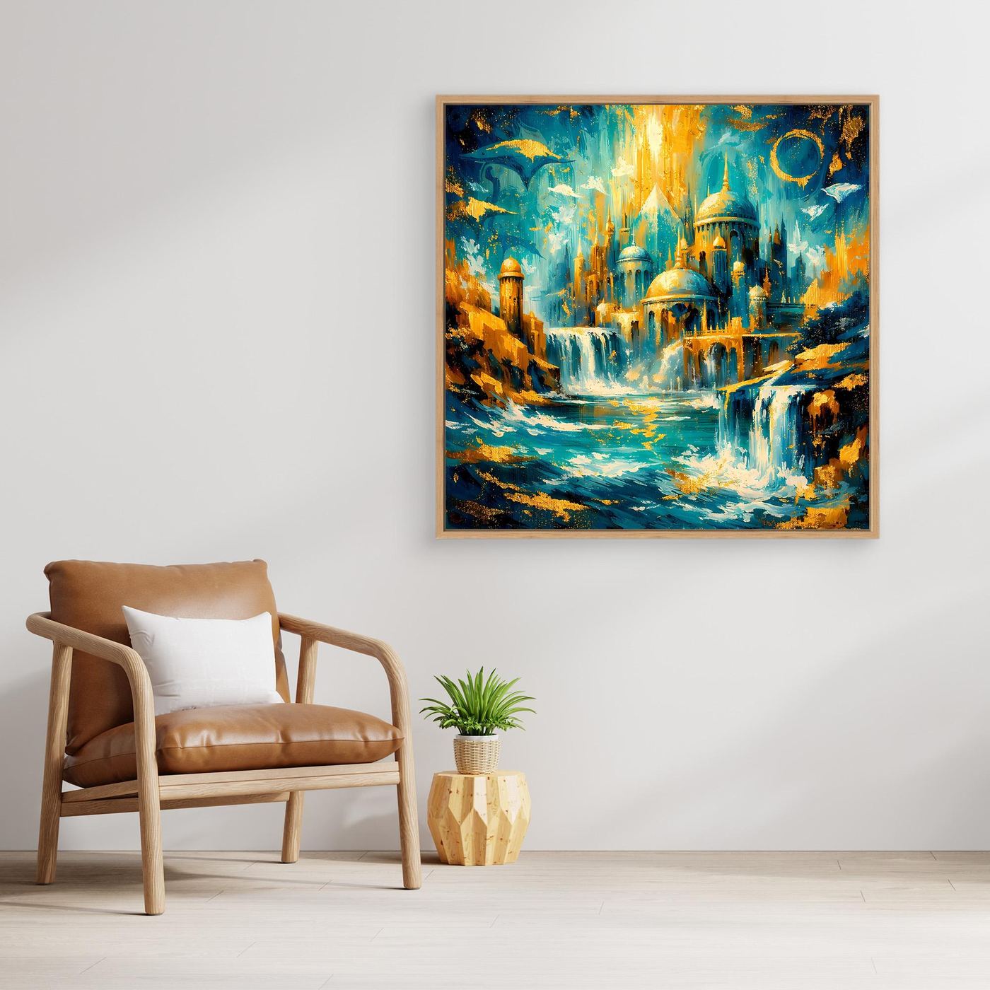 Quadratisches Leinwandbild mit Holzrahmen: märchenhafte Stadtlandschaft mit Palast und Wasserfall