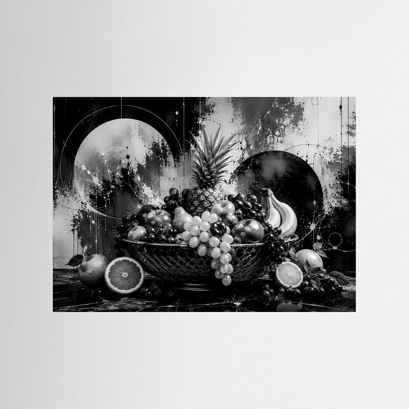 Abstrakte Obstschale in Schwarz-Weiß | Modernes Stillleben Poster Querformat