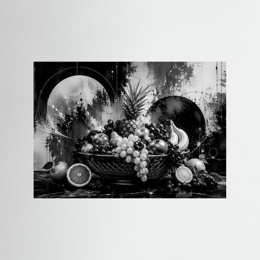 Querformat-Poster mit Obstschalen-Motiv im Schwarzweiß, ohne sichtbaren Rahmen.