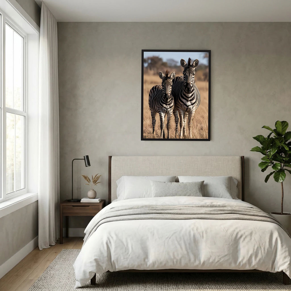 Poster mit Zebras in der Savanne: Zebramutter und Jungtier, Hochformat