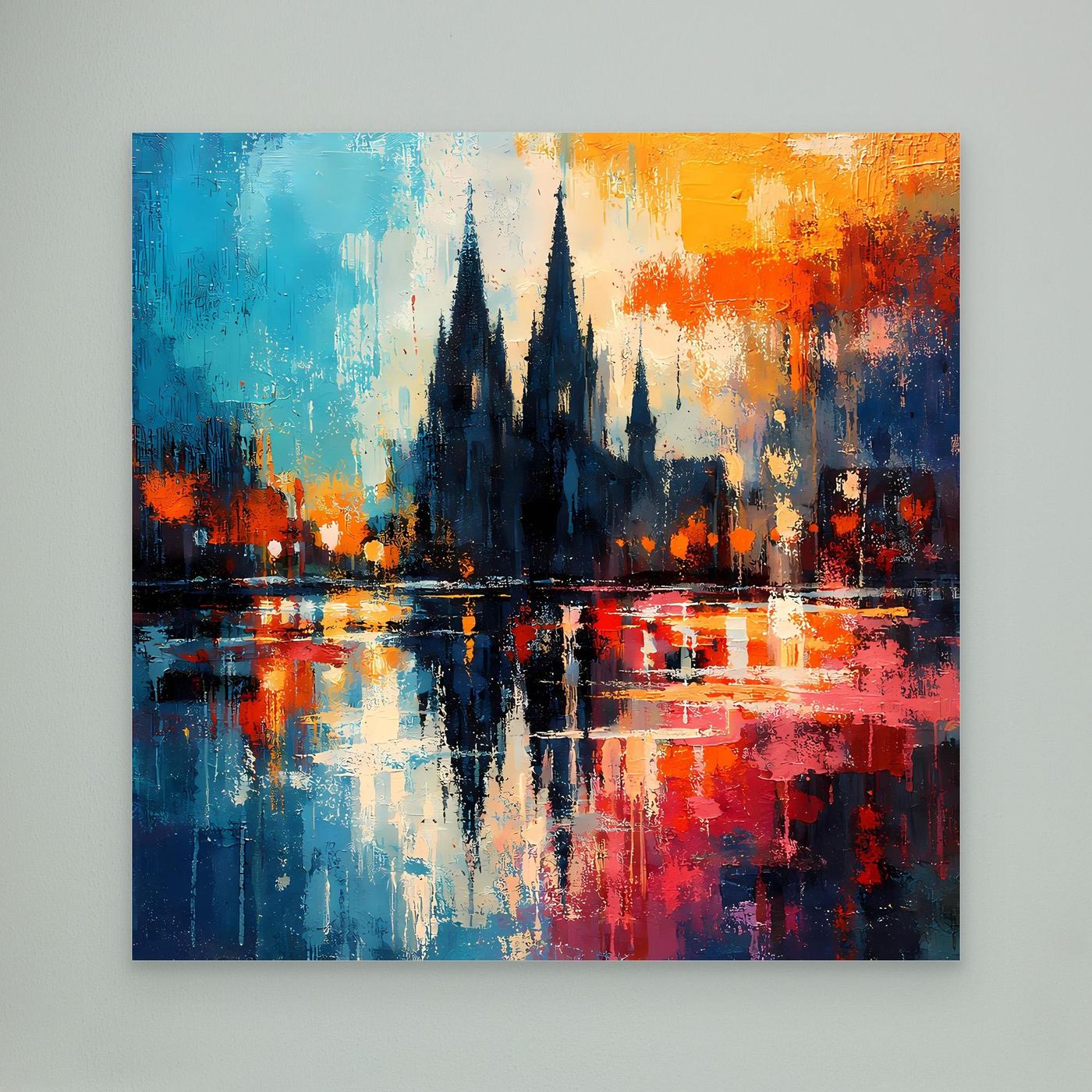 Abstraktes Leinwandbild mit dunklen Kathedraltürmen und spiegelndem Fluss in Blau-Rot