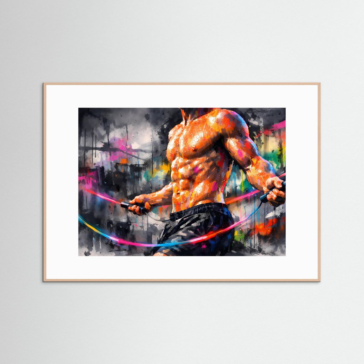 Fitness-Kunstposter Querformat: orange Figur mit Hula-Hoop, hellbrauner Holzrahmen