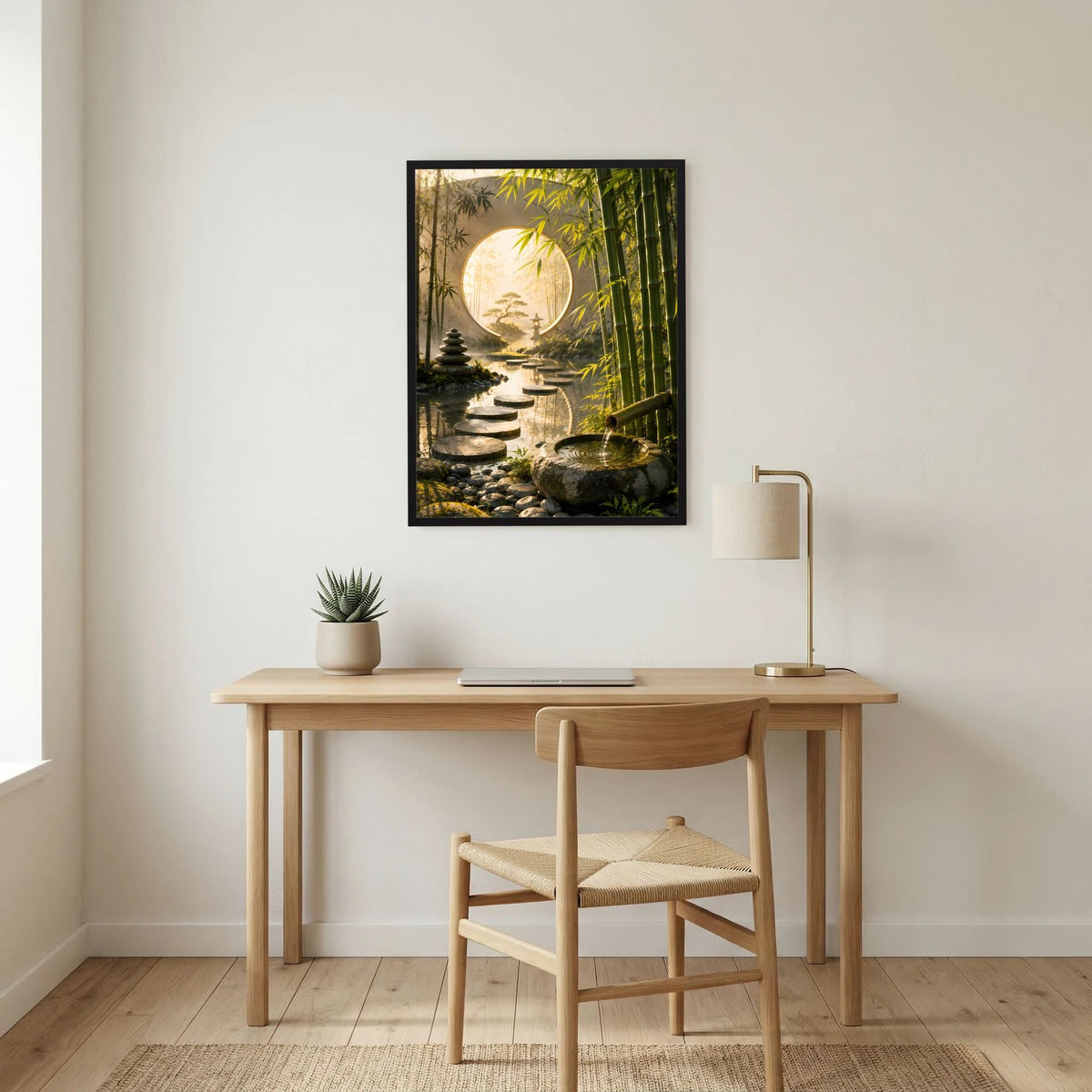 Zen-Garten-Poster: Bambus, rundes Mondtor und Trittsteine am Flusslauf, schwarzer Rahmen