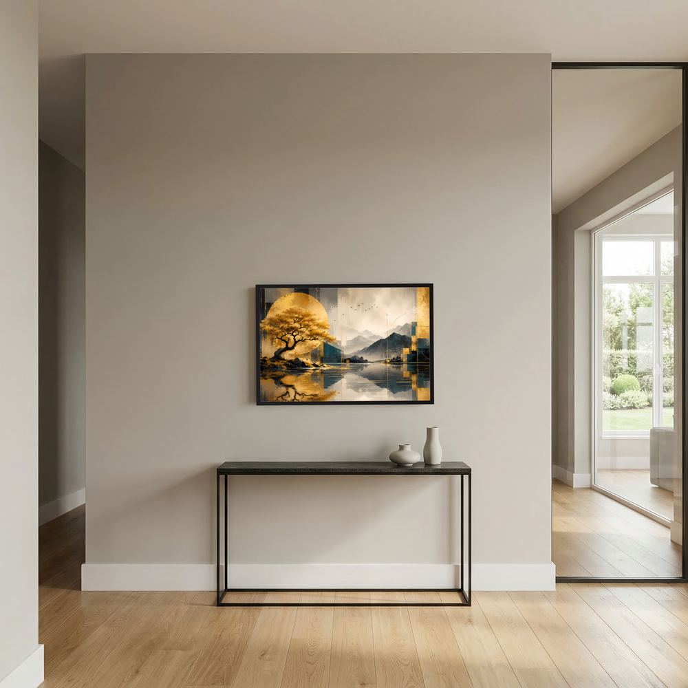 Kleiner gerahmter Kunstdruck mit goldenem Baum über Bergsee, goldene Akzente im Blick