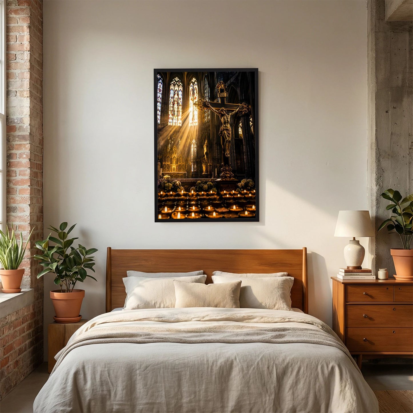 Poster im schwarzen Rahmen: Jesus am Kreuz, farbige Glasfenster und Kerzen vor dem Altar