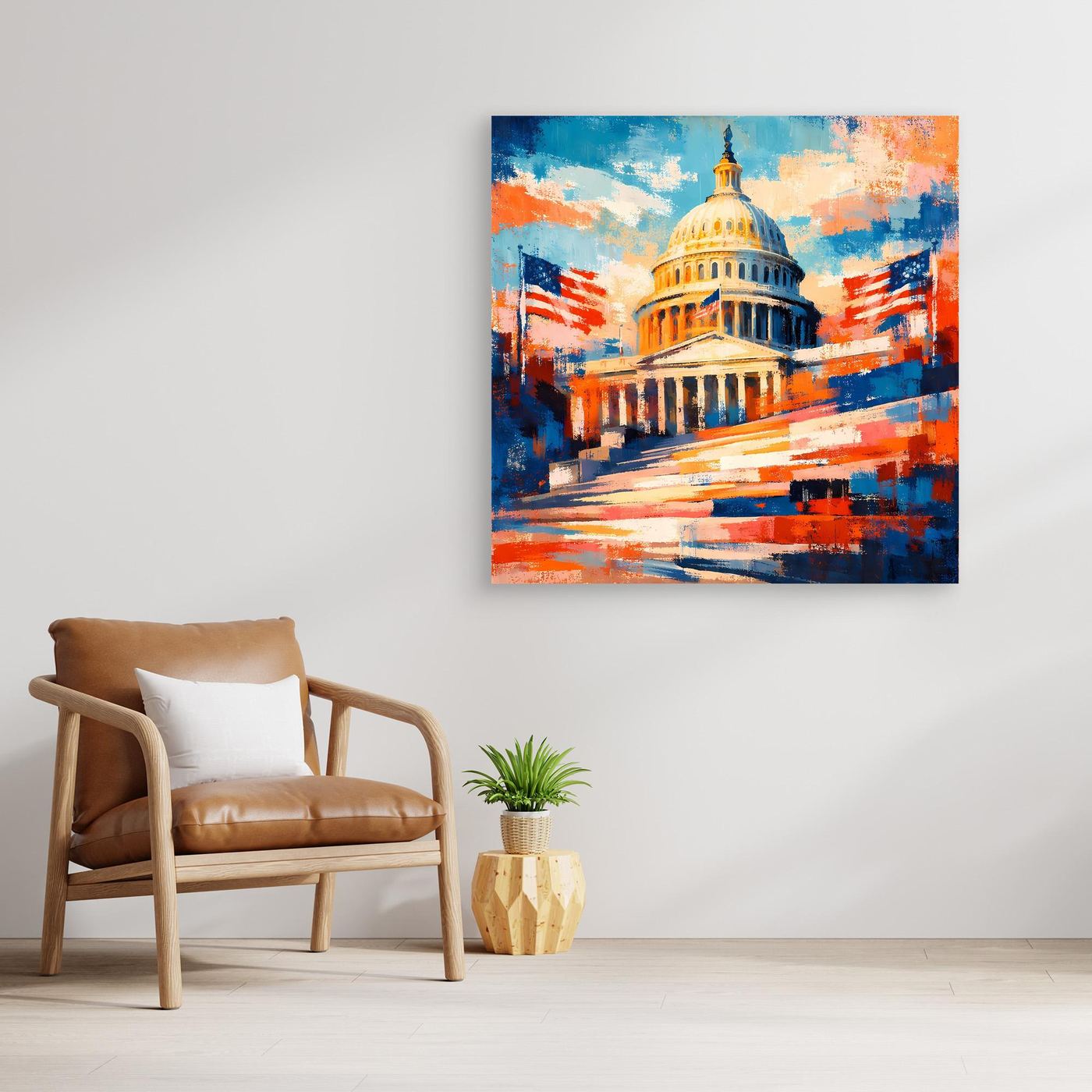 Gerahmtes abstraktes Wandbild mit US-Kapitol-Motiv, goldener Holzrahmen