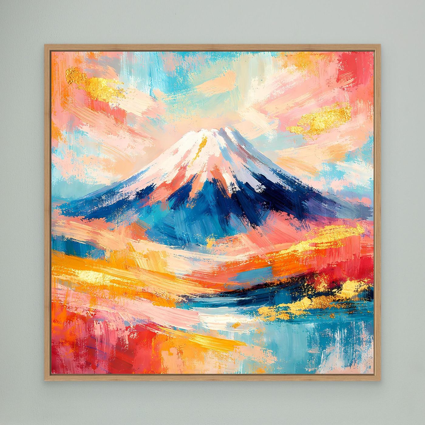 Gerahmtes abstraktes Leinwandbild Mount Fuji mit Holzrahmen, buntes Pinselberg-Motiv