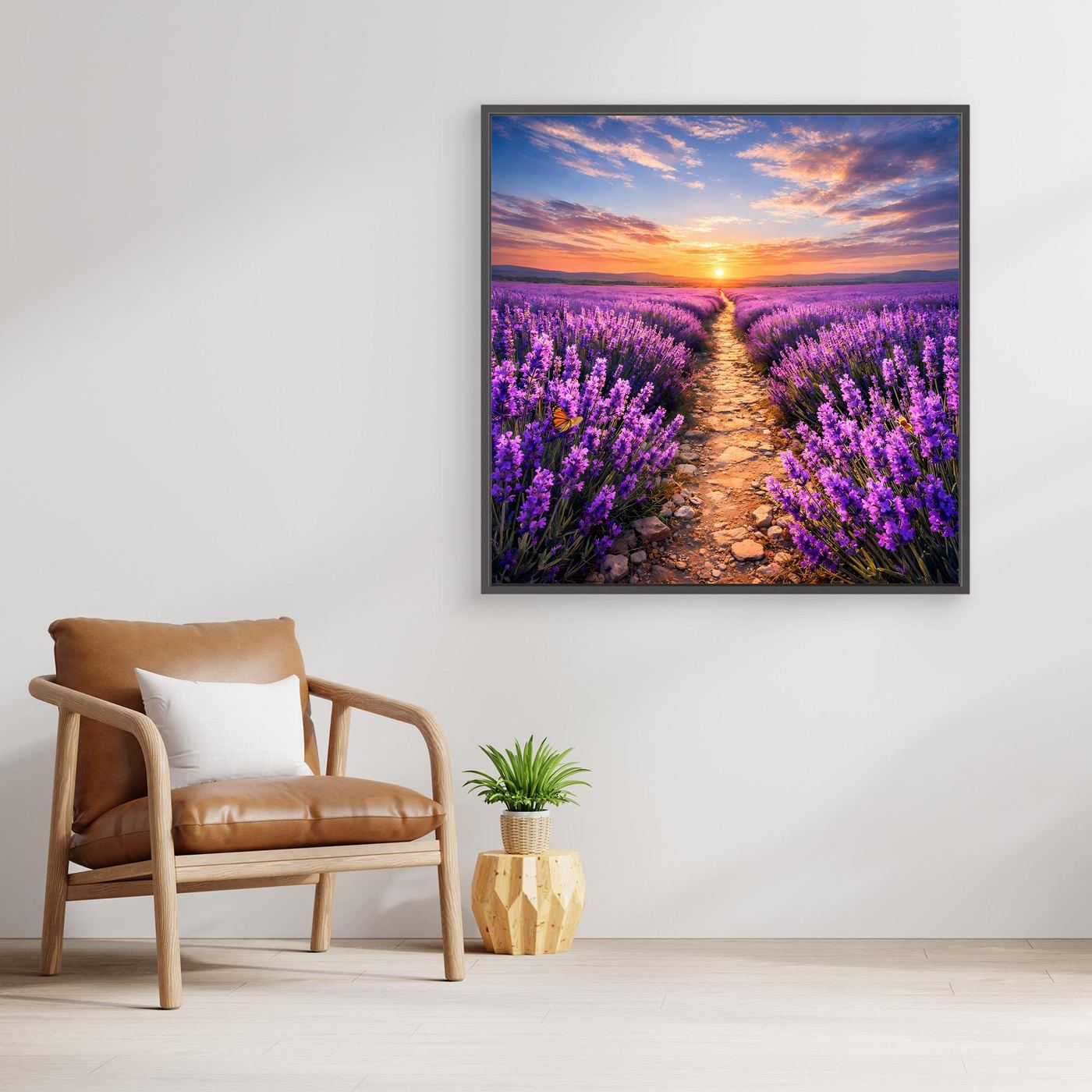 Leinwandbild mit Lavendelfeld und Wegverlauf, Sonnenuntergang mit orange-blauem Himmel